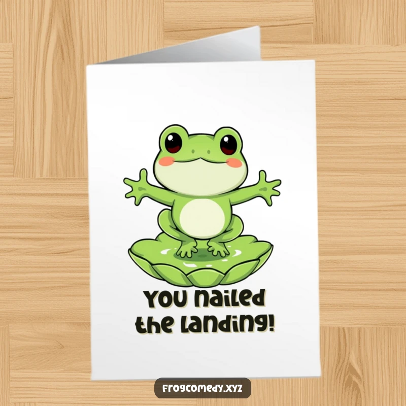 Funny Free Printable Congrats Card: A happy frog character energetically jumping onto a floating lily pad.
