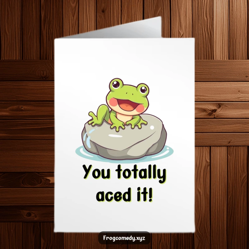Funny Free Printable Congratulations Card: A happy frog slides gleefully down a wet rock, celebrating an achievement.