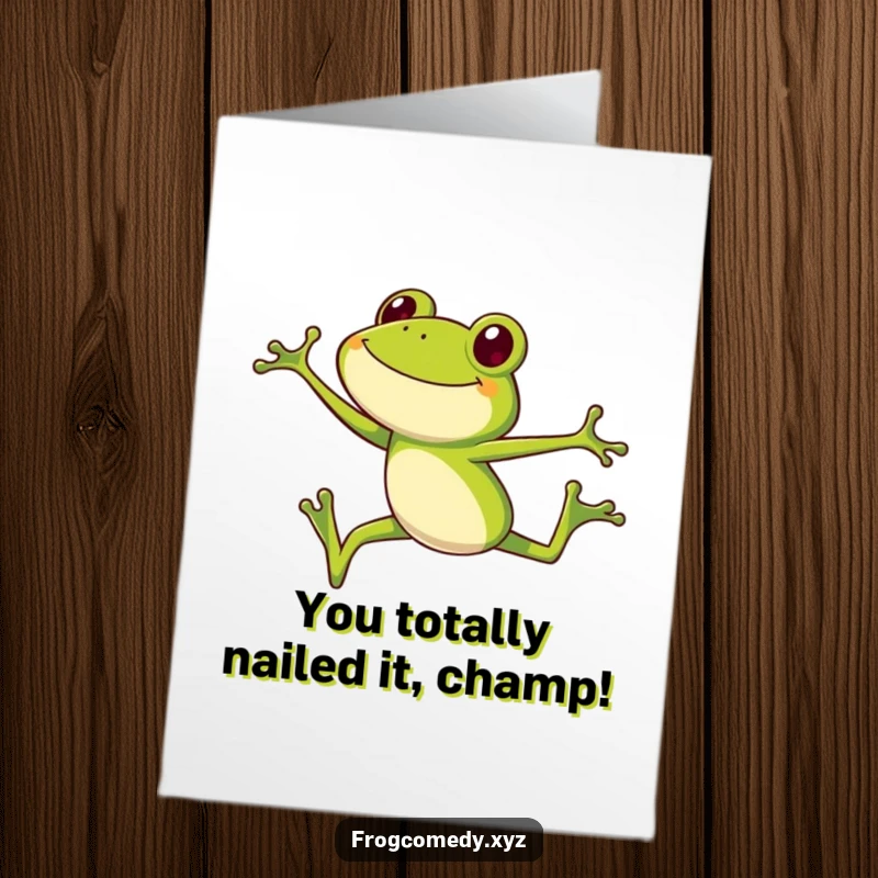 Funny Free Printable Frog Congratulations Card: Excited frog with outstretched legs mid-jump, symbolizing a triumphant leap to success.