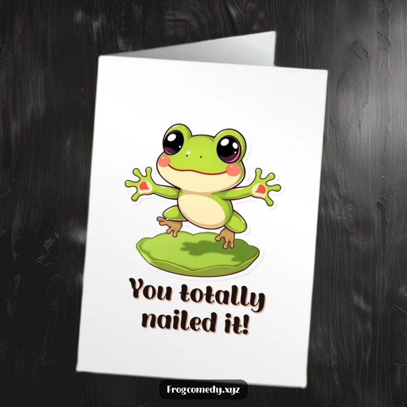 Funny Free Printable Congratulations Card: A cheerful frog with wide eyes leaping high from a lily pad, celebrating achievement.