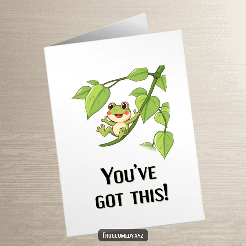 Funny Free Printable Congratulations Card featuring a delighted frog joyfully sliding down a long, leafy vine. An exciting downloadable gift.