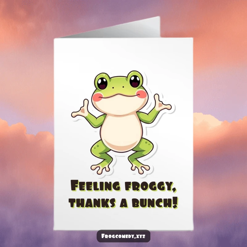 Funny Free Printable Thank You Card showcasing a frog performing a hilariously silly wiggle dance with its webbed feet.