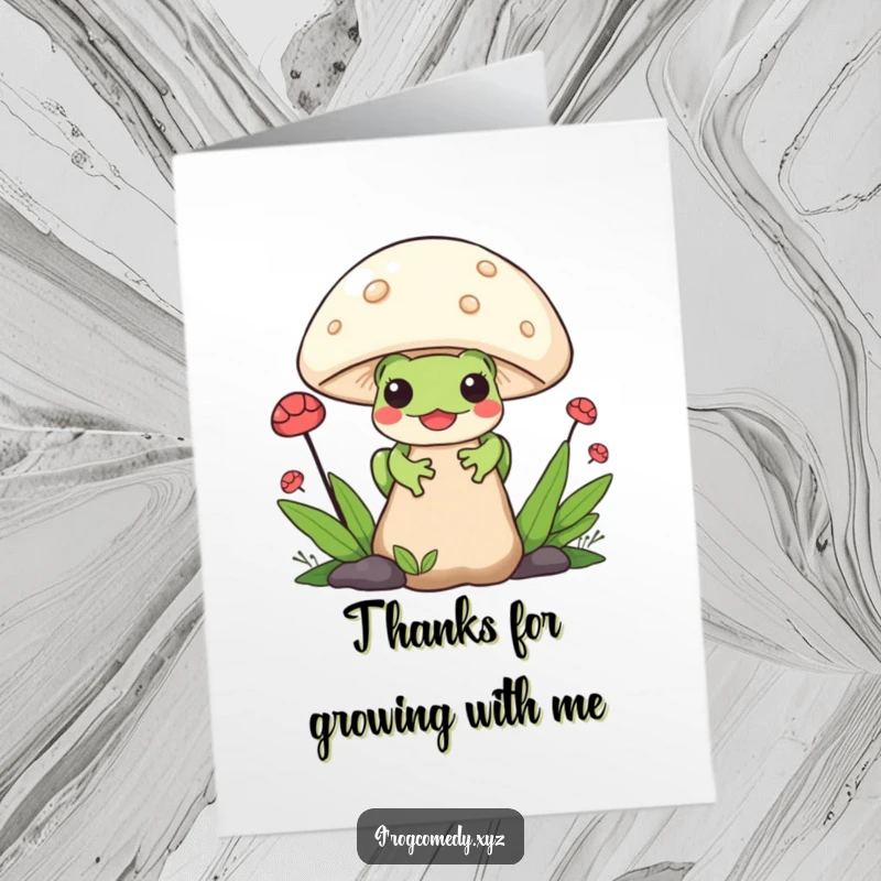 Funny Free Printable Thank You Card: A Kawaii frog peeks curiously from behind a mushroom.