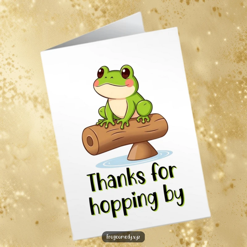 Funny free printable thank you card: A green frog balances on a spinning log, a quirky downloadable.