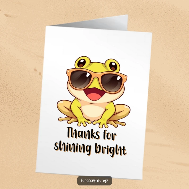 Funny Free Printable Thank You Card: Giggling frog wearing oversized sunglasses, enjoying the sun, sending thanks.