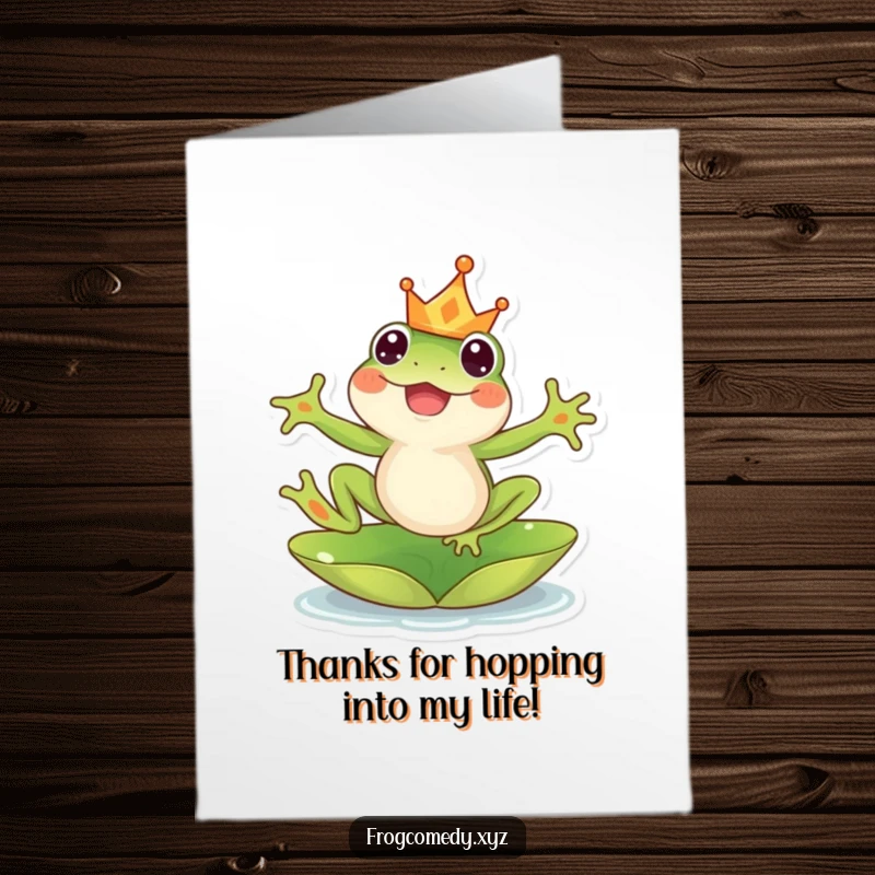 Funny Free Printable Thank You Card: A happy kawaii frog in a crown leaps from a lily pad, expressing thanks.