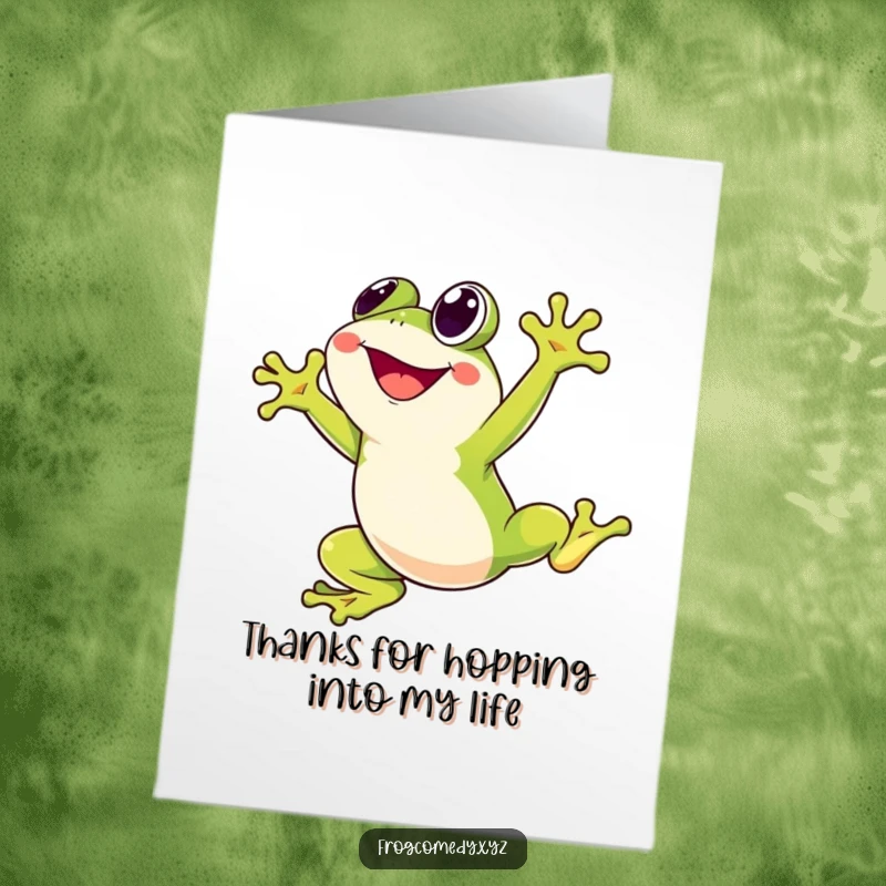 Funny Free Printable Thank You Card: Kawaii frog character leaping with joy, happy thank you message, printable.
