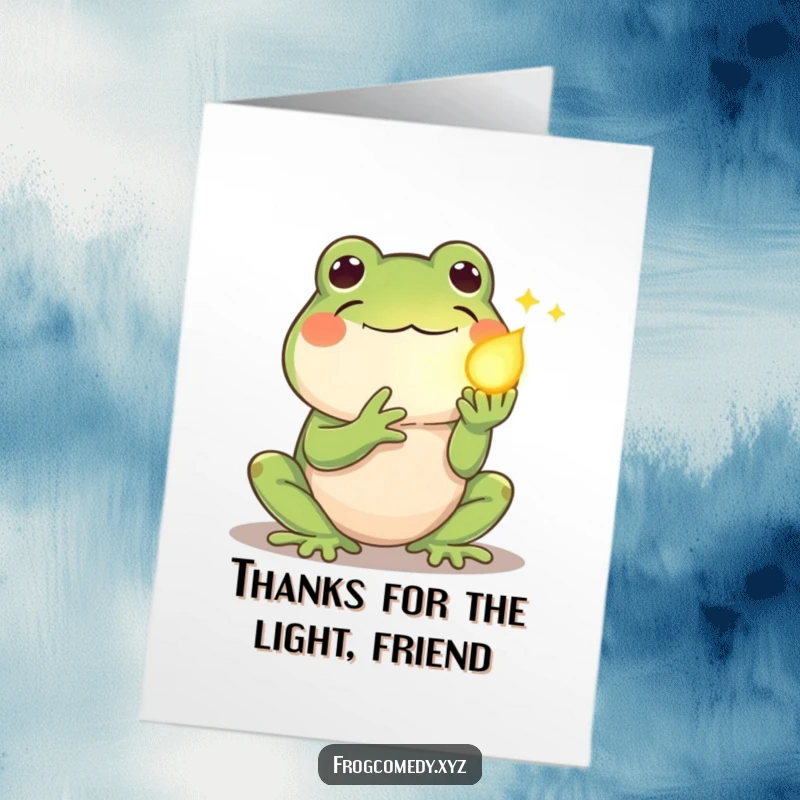 Funny Free Printable Thank You Card: Shy kawaii frog with gentle eyes offers a glowing firefly as a thank you.