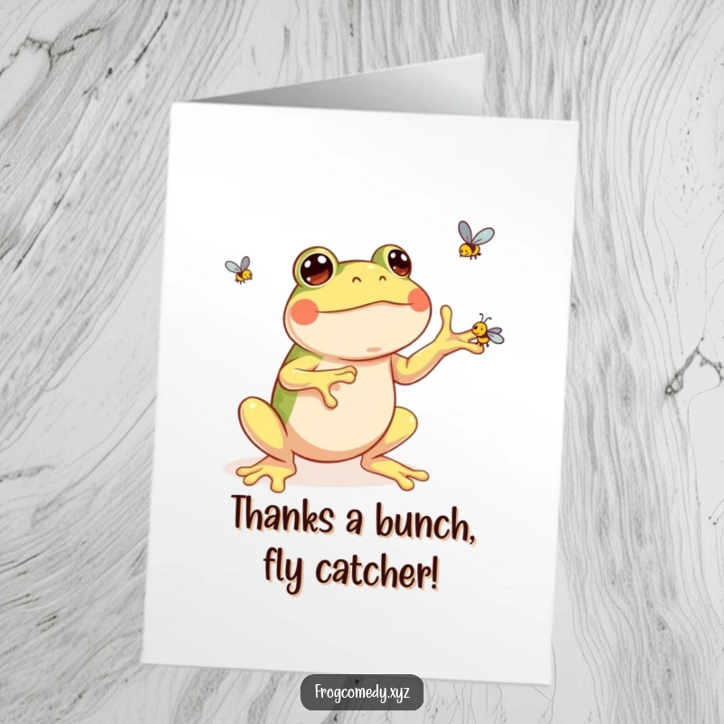Funny Free Printable Thank You Card: A Kawaii frog expertly juggling flies, expressing thanks with a funny download.