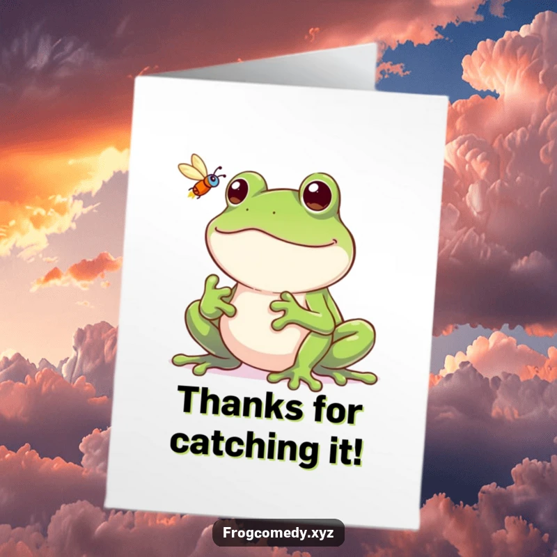 Funny Free Printable Thank You Card: A frog with a huge, happy grin, mid-catch of a fly.