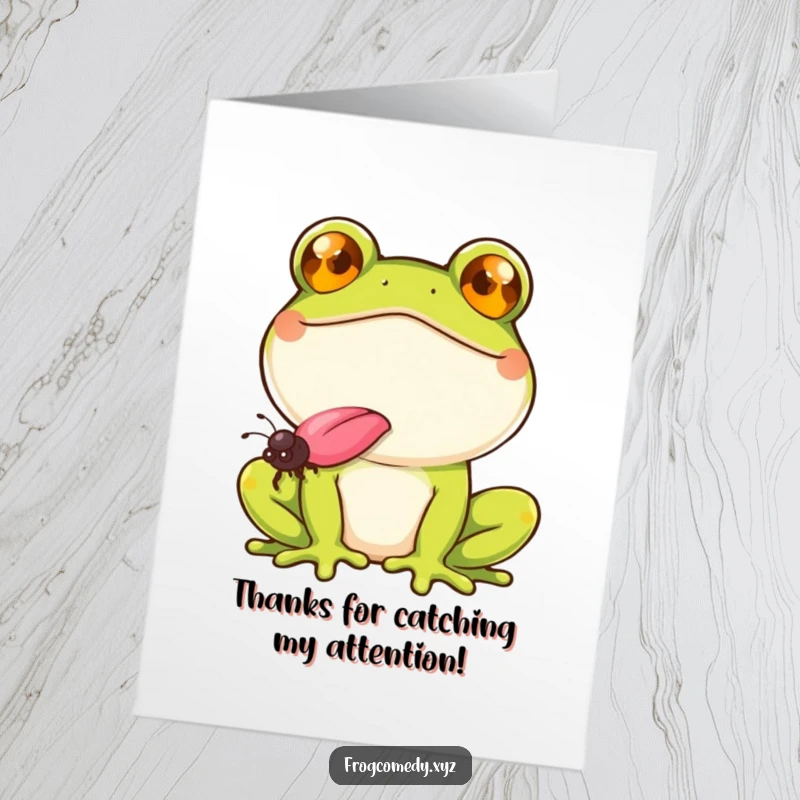 Funny Free Printable Thank You Card: A smiling frog expertly catches a fly with its tongue, showing thanks.
