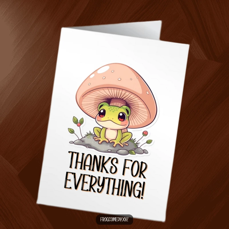 Funny Free Printable Thank You Card: A curious frog peeks from beneath a mushroom, offering thanks with a grin.