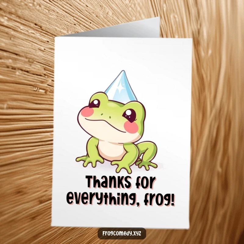 Funny Free Printable Thank You Card: A Kawaii frog peeks playfully from behind a sparkly, clear raindrop.