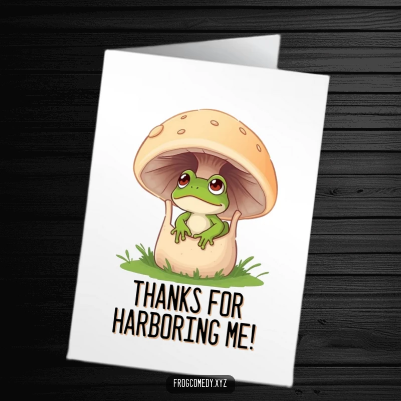 Funny Free Printable Thank You Card: A wide-eyed frog curiously peeks out from inside a large, hollow mushroom.