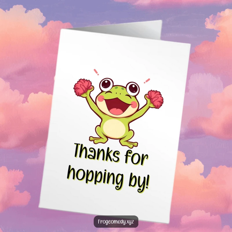 Funny Free Printable Thank You Card: A Kawaii frog cheers enthusiastically with vibrant pom-poms.