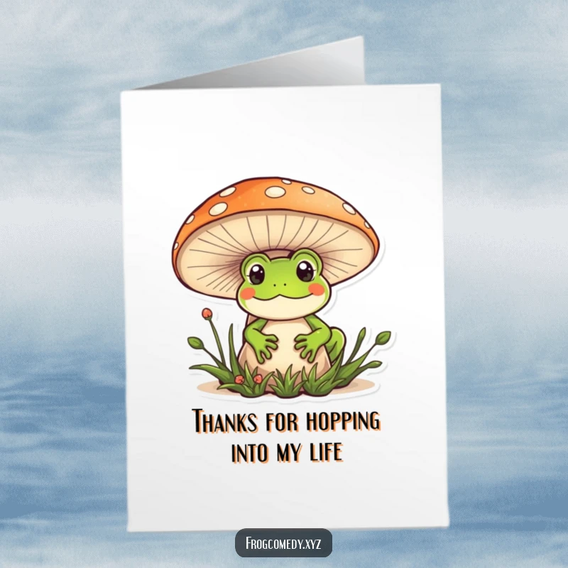 Funny Free Printable Kawaii Frog Thank You Card: A cute frog peeking from behind a large mushroom, offering thanks.