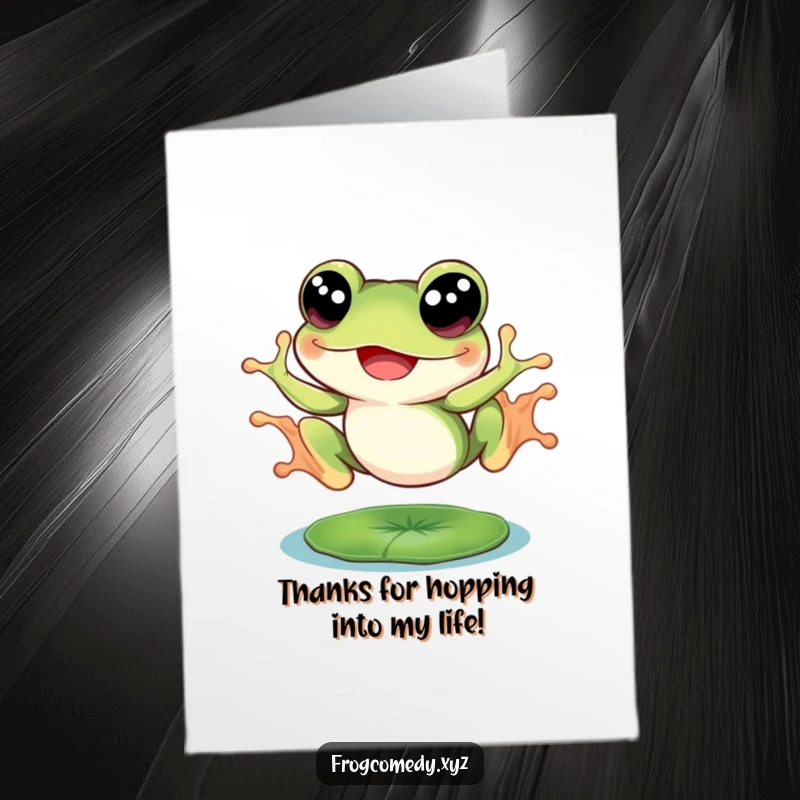 Funny Free Printable Thank You Card: A frog with big eyes is captured mid-leap, expressing thanks with gusto.