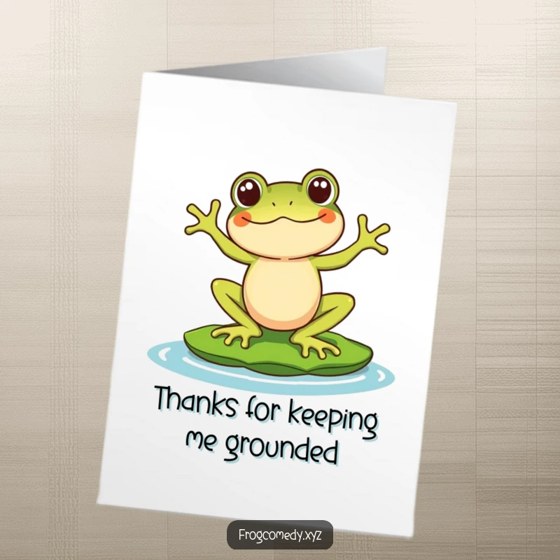 Funny Free Printable Thank You Card: Kawaii frog balancing comically on a lily pad, cute thank you greeting.