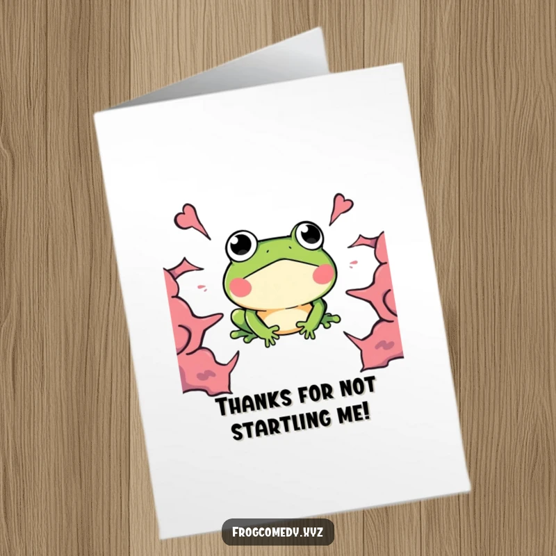 Funny Free Printable Thank You Card: A surprised kawaii frog reacting to a 'BOOM', a downloadable gift.