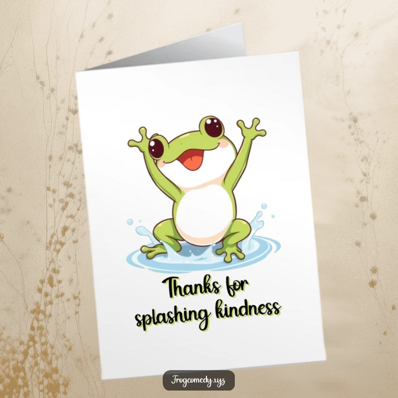 Free Printable Thank You Card: A kawaii frog joyfully doing a somersault and making a small splash.