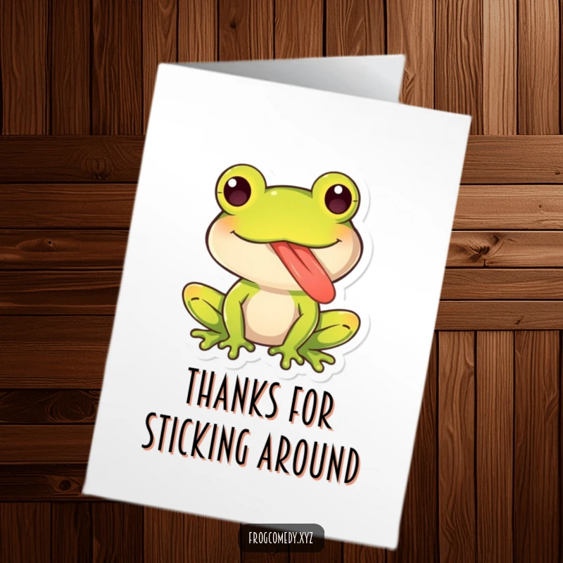 Funny Free Printable Thank You Card: A kawaii frog character comically stretching out its long, sticky tongue in a playful manner.
