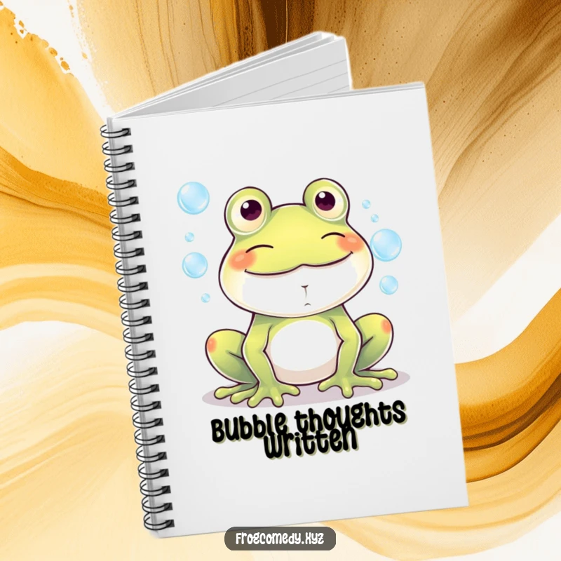 Funny Kawaii frog grinning, blowing bubbles, featured on this notebook cover for humorous note-taking and journaling.