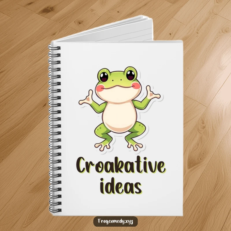 Funny frog notebook with a character doing a joyful wiggle dance, ideal for notes, dreams, and doodles.
