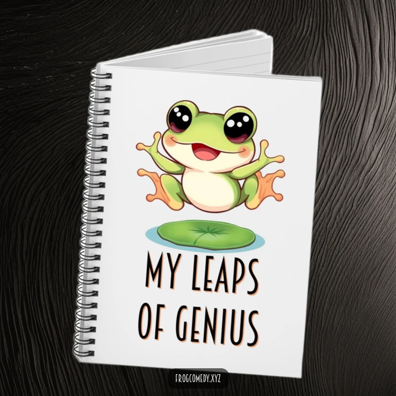 Funny frog with big eyes, joyfully leaping from a lily pad, on a notebook cover, for writing with amphibian fun.