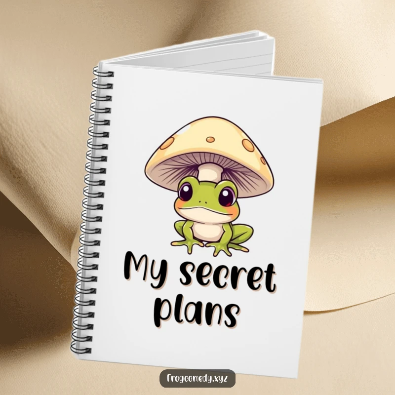 Funny frog curiously peeking from under a mushroom, on a notebook cover, for writing with woodland humor.