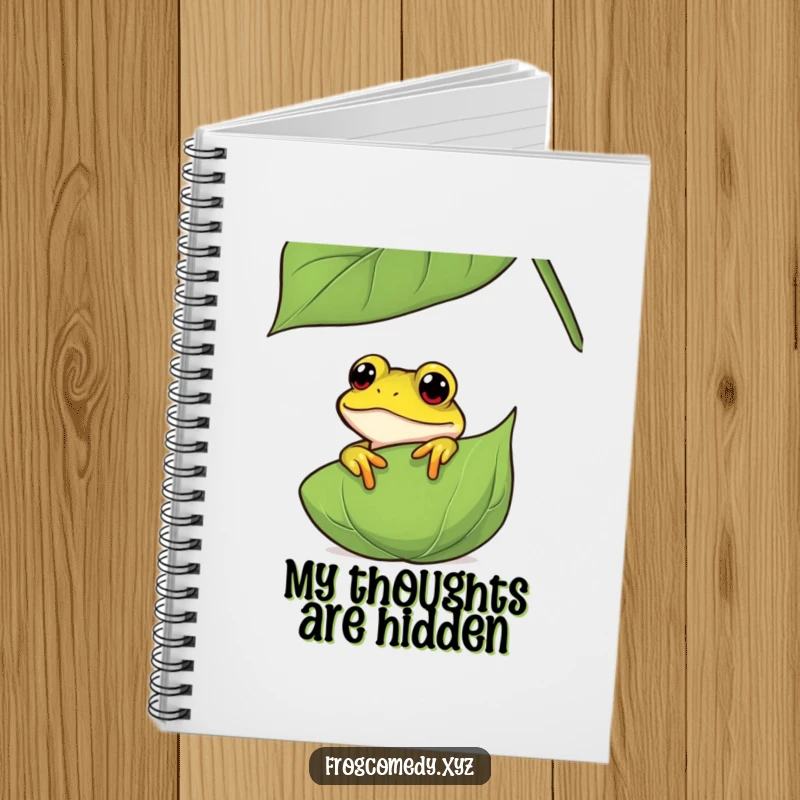 Funny curious frog notebook, with an amphibian peeking from behind a leaf, perfect for jotting down notes with a humorous and nature-inspired theme.