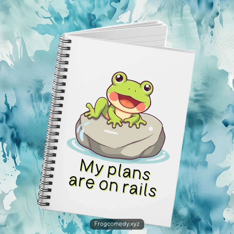 Funny notebook featuring a happy frog gleefully sliding down a wet rock, perfect for notes.