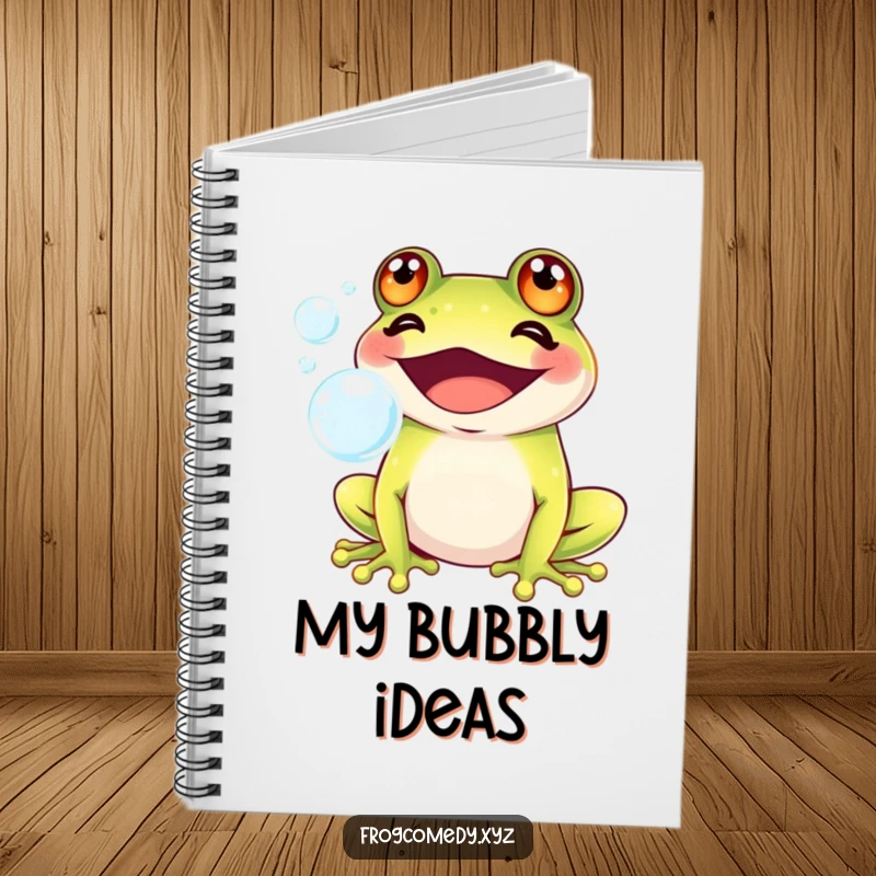 Funny Kawaii frog with a big grin blowing bubbles, adorning a notebook cover, inspiring creativity and joyful note-taking.