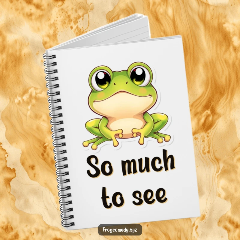 Funny kawaii frog notebook cover featuring a whimsical frog with comically large, sparkling eyes looking upwards in a state of delightful surprise.