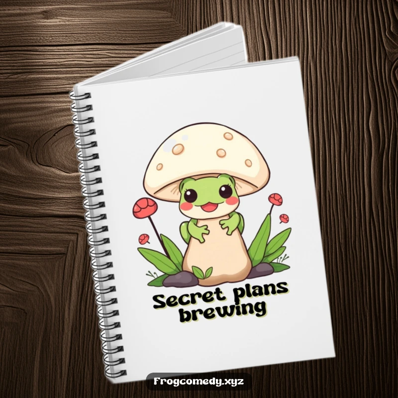 Funny Kawaii Frog Notebook: Features a cute Kawaii frog peeking from behind a mushroom on the cover, perfect for writing, journaling, or sketching.
