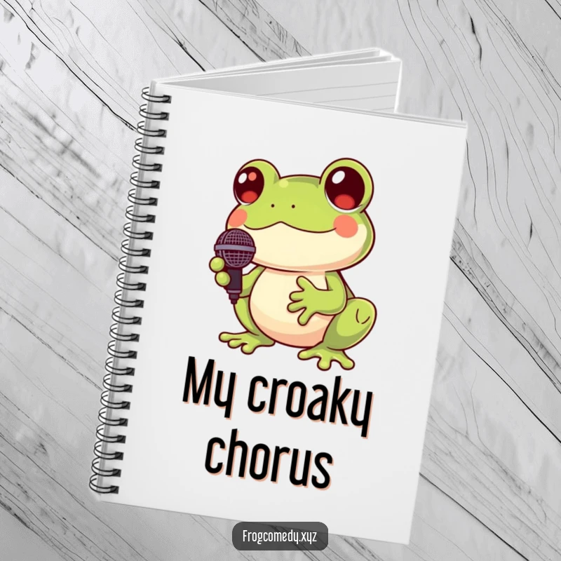 Funny Kawaii frog notebook featuring a cute frog holding a tiny microphone and croaking cheerfully, ideal for notes and lyrics.