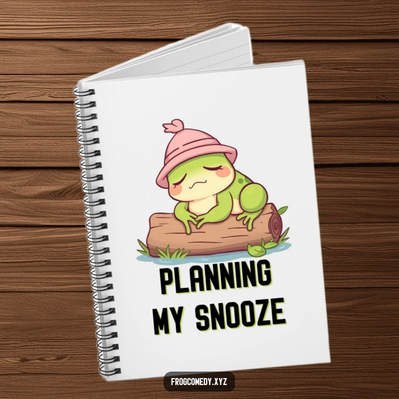 Funny notebook cover with a sleepy frog wearing a small hat, dozing on a log.