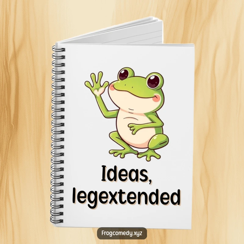 Funny notebook cover with a frog giving an exaggerated wave using its long legs.