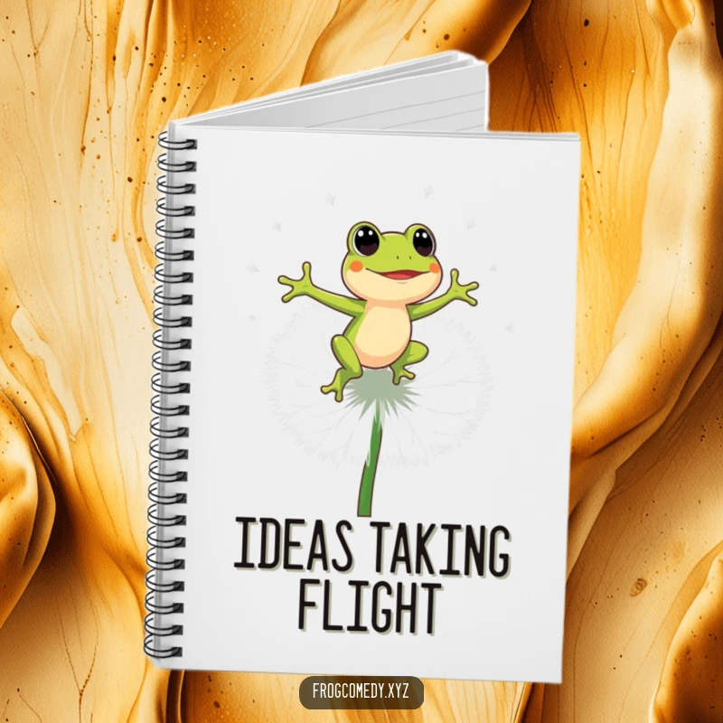 Funny energetic frog bouncing on a big dandelion puff, cute journal, creative ideas notebook, perfect humorous gift for planners.