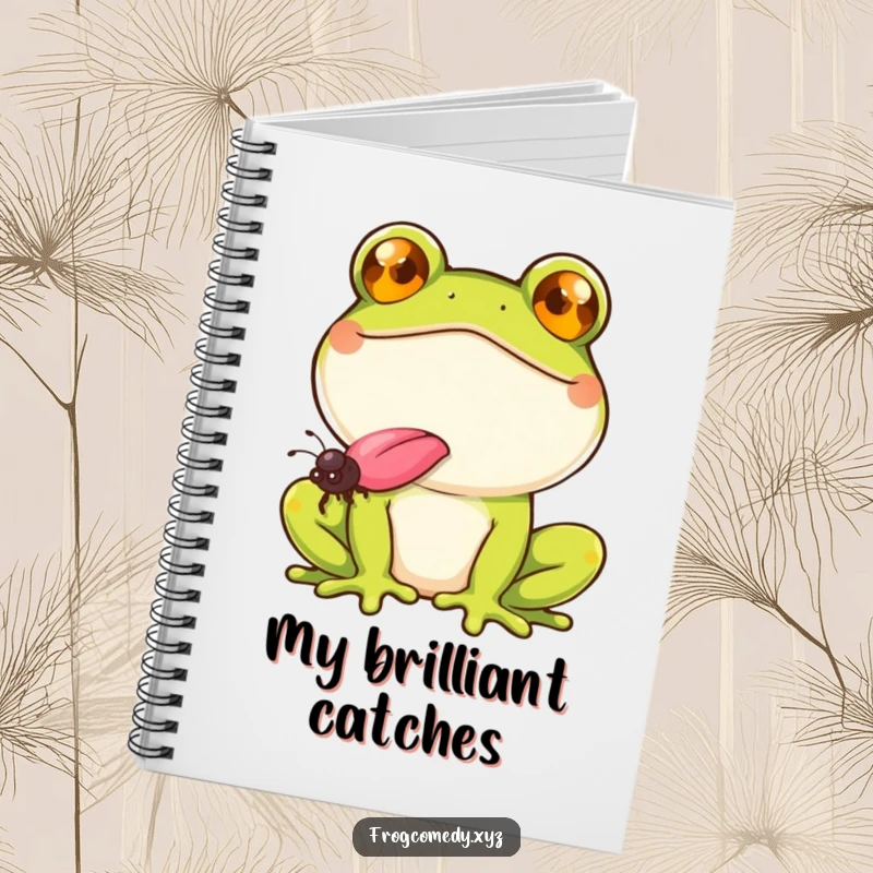Funny frog with a wide smile, catching a fly with its tongue, on a notebook cover, for writing with amphibian humor.