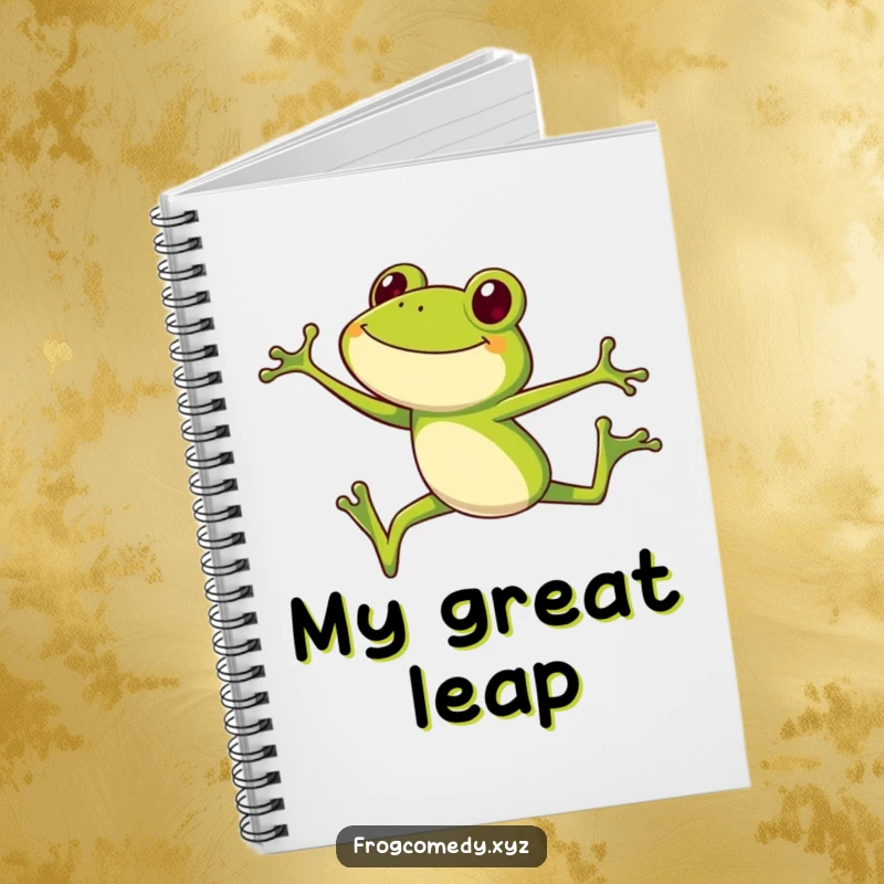 Funny frog notebook, a smiling long-legged frog in mid-high jump, ideal for jotting ideas, funny gift.
