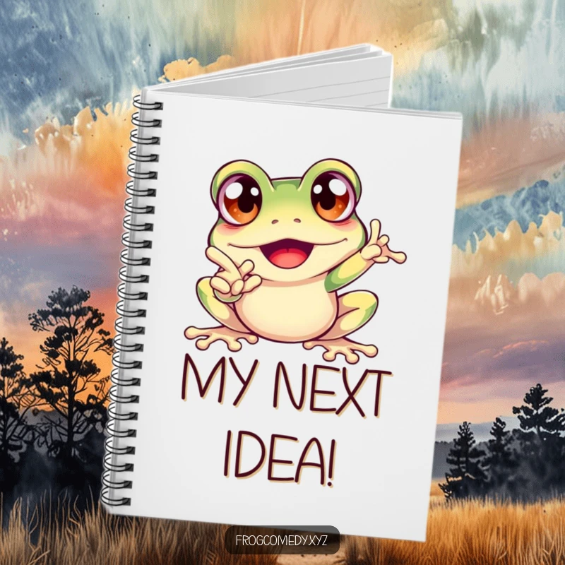 Funny notebook cover featuring an excited frog with bulging eyes, pointing forward, great for jotting down ideas.