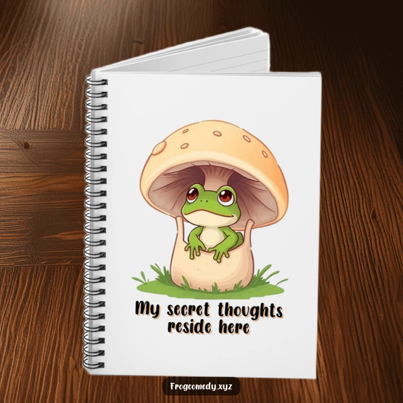 Funny notebook with a curious frog peeking from a large mushroom, perfect for notes.