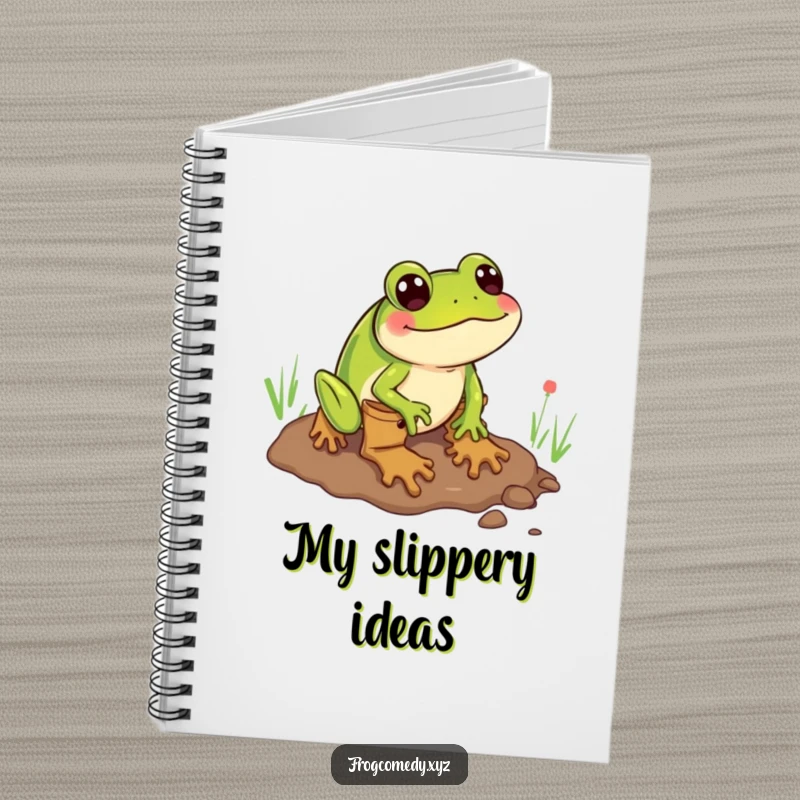 Funny notebook cover with a design of a frog wearing boots comically sliding through mud, perfect for jotting ideas.