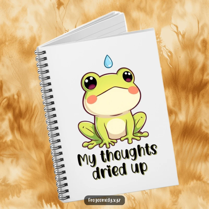 Funny Kawaii frog notebook, cover shows a cute frog surprised by a falling raindrop, humorous stationery for notes.