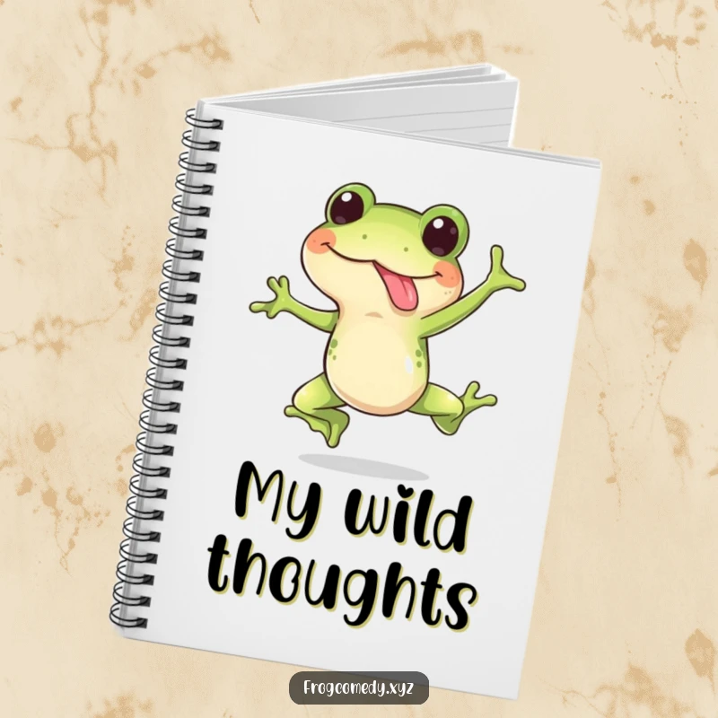 Funny notebook with a happy frog doing a surprise leap with its tongue out, ideal for journaling humorous thoughts.