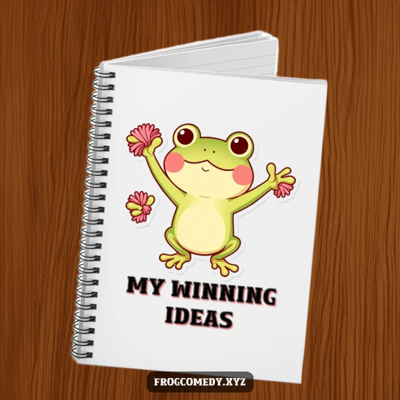 Funny Kawaii frog notebook featuring a cute frog cheering with pom-poms, ideal for jotting down energetic thoughts.