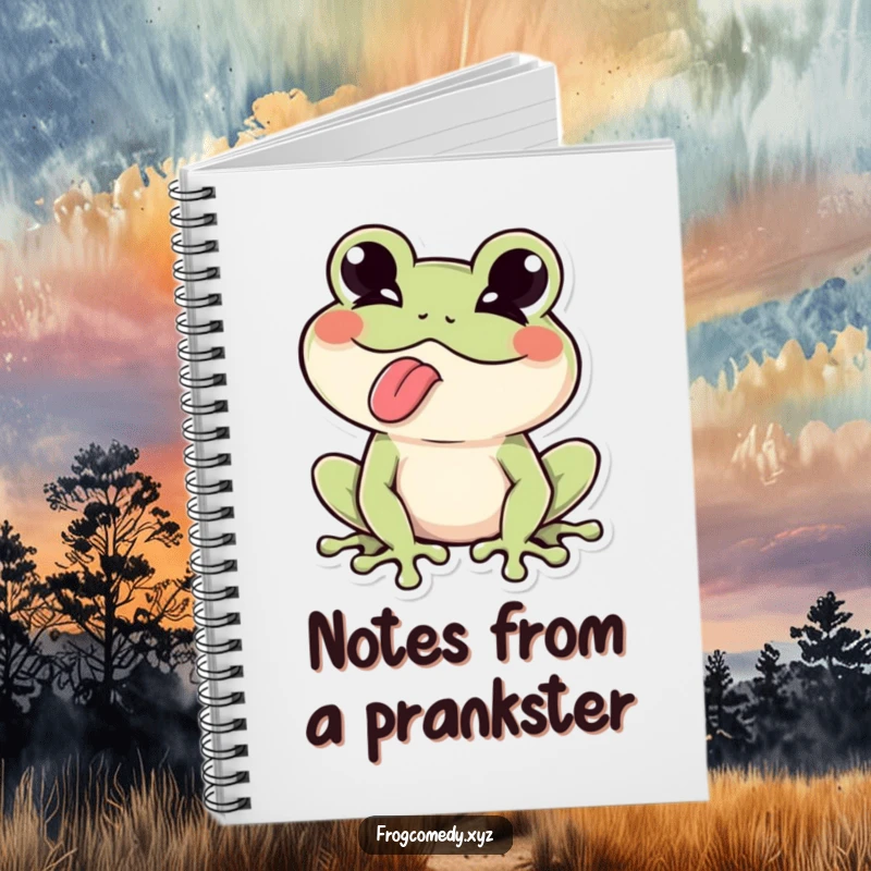 Funny Kawaii frog winking, tongue sticking out, featured on this notebook cover for humorous note-taking.