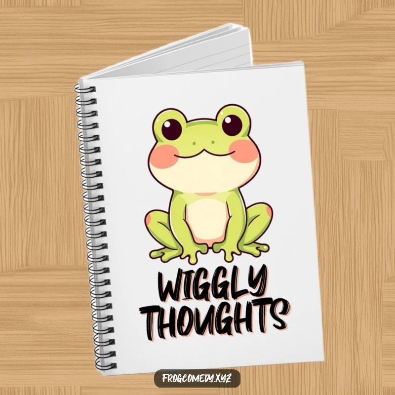 Funny notebook with a rosy-cheeked frog doing a happy wiggle, perfect for note-taking.