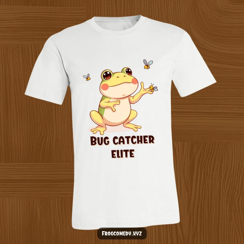 Funny kawaii frog t-shirt showing a happy character juggling three tiny flies with immense delight and a cheerful gaze.