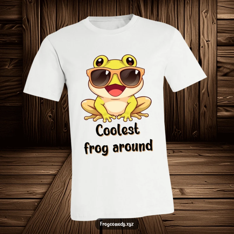 Funny t-shirt with a giggling frog wearing large sunglasses, enjoying the sun, perfect for summer vibes and amphibian humor.
